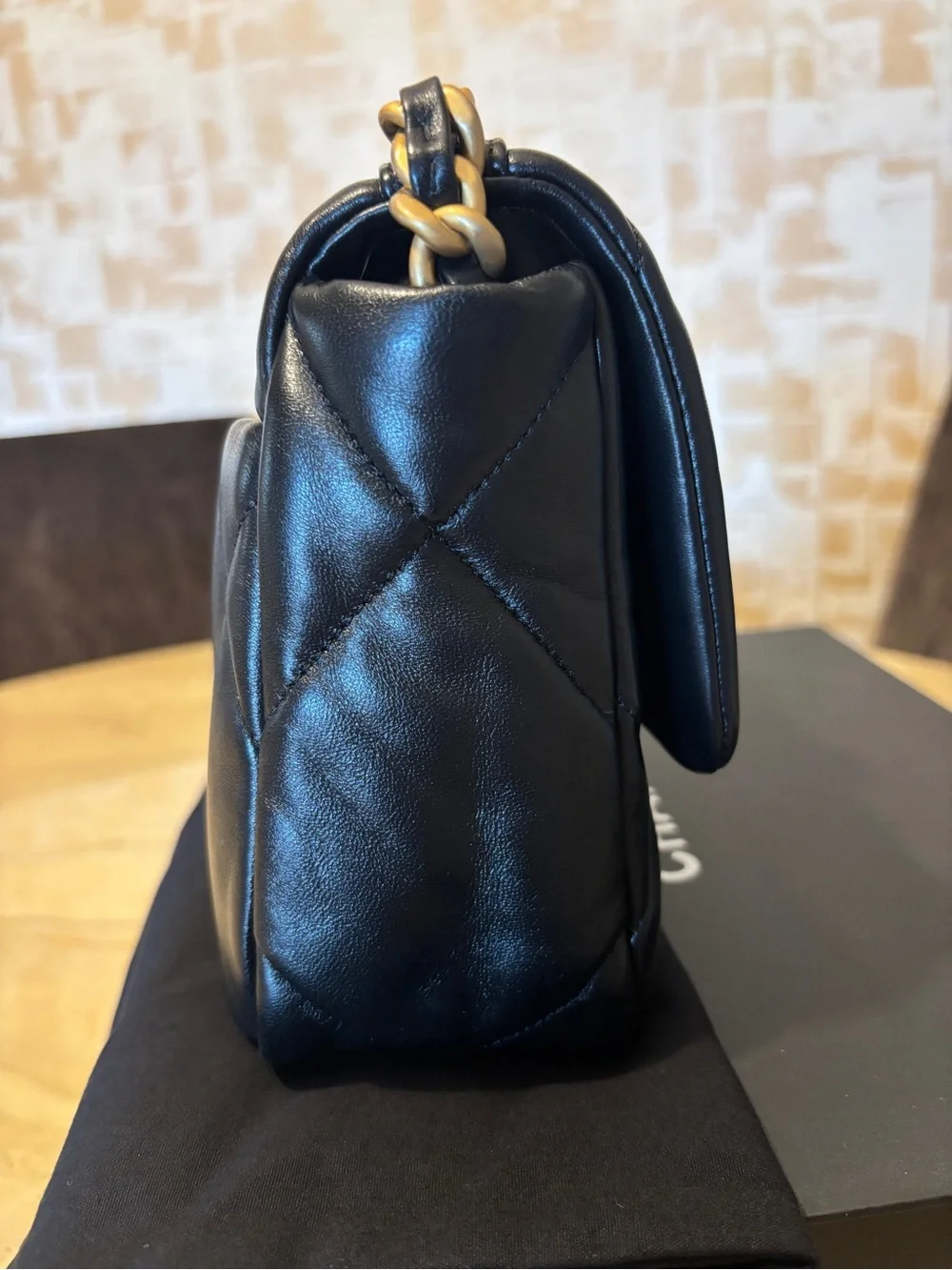 Chanel 19 Handbag. Shiny Lambskin, Gold Tone, Silver-Tone & Ruthenium-Finish